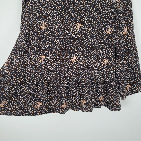 Madewell Silk Blouse 3/4 Bell Sleeve Peplum Patterned Black Multicolor Size L - Picture 7 of 11